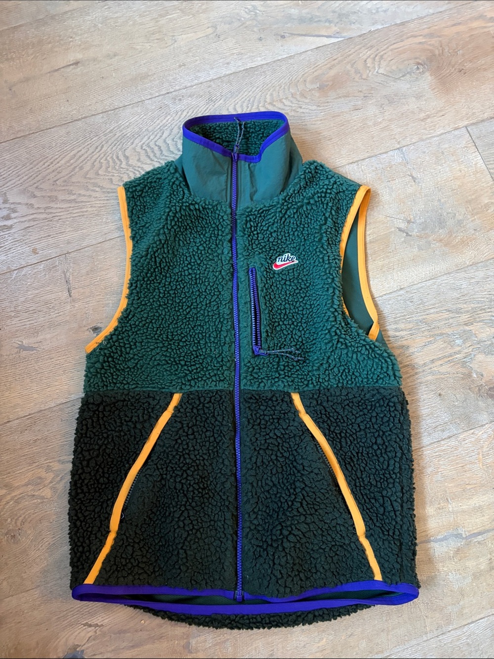 Nike men’s Green and Dark Green Sherpa Vest with Orange Trim
